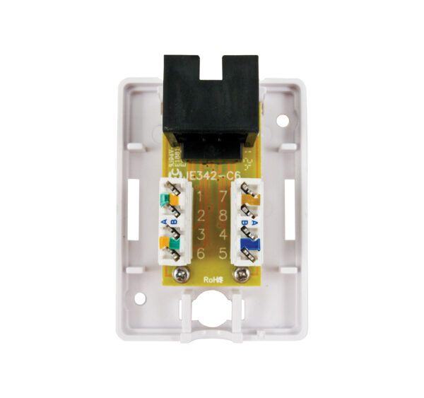 Open view of the 038-357WH 1-Port Surface Mount Box with CAT6 Jack in White, showing internal structure.