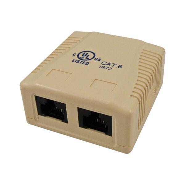 Close-up of the 038-358IV 2-Port SMB Mounting Box with CAT6 Jack in Ivory, showcasing the box design and ports.