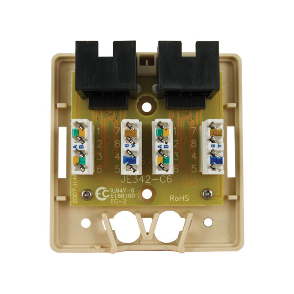 Open view of the 038-358IV 2-Port SMB Mounting Box with CAT6 Jack in Ivory, highlighting internal wiring and design.