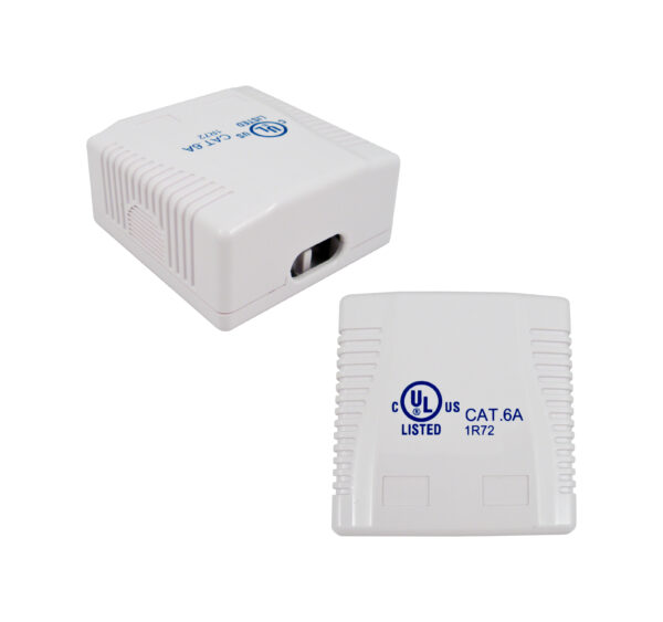 Two closed 038-C6A/2P/WH 2-Port SMB Shielded Mounting Boxes with CAT6a Jacks in White, showcasing their durable and compact design.