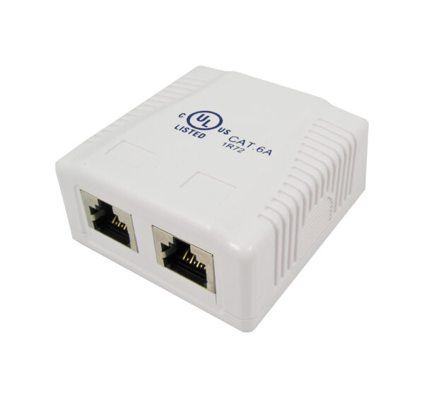 Close-up of the 038-C6A/2P/WH 2-Port SMB Shielded Mounting Box with CAT6a Jack in White, showing the box design and dual port configuration.