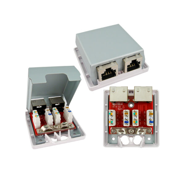 Three open 038-C6A/2P/WH 2-Port SMB Shielded Mounting Boxes with CAT6a Jacks in White, displaying internal structure and port configuration.