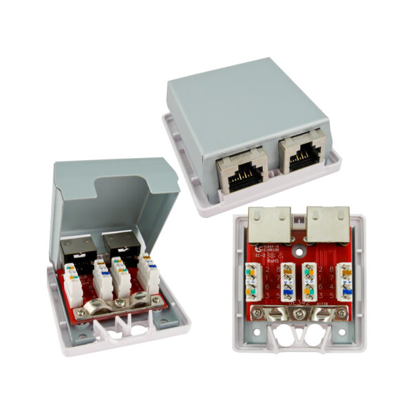 Three open 038-C6A/2P/WH 2-Port SMB Shielded Mounting Boxes with CAT6a Jacks in White, displaying internal structure and port configuration.