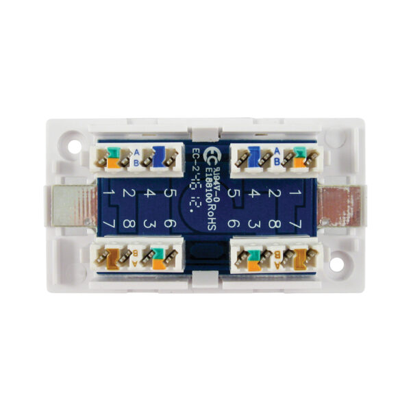 Open 040-371/C5J/WH CAT5E Junction Box in White, showing internal wiring setup for T568A and T568B standards, compatible with 110 & Krone termination tools.