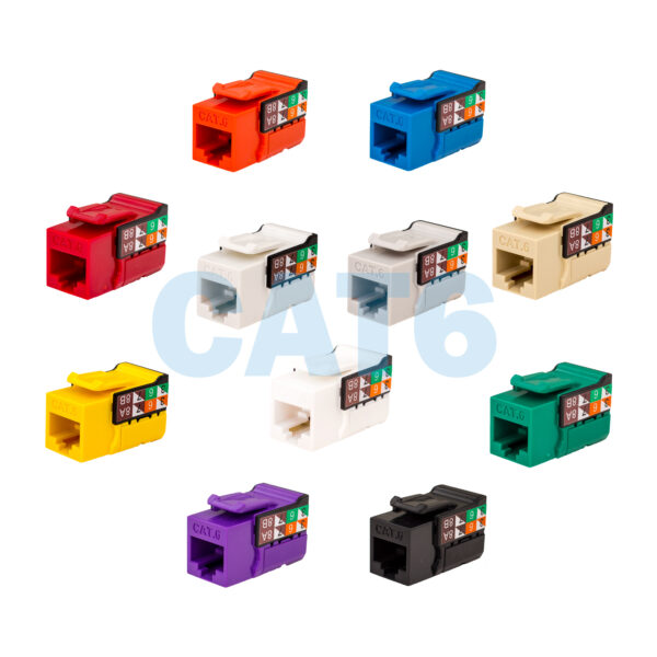 A lineup of CAT6 V-Max Keystone Jacks – 352 Series in all available colors: bright white, white, black, grey, ivory, red, orange, blue, green, purple, and yellow.