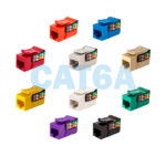 CAT6A V-Max Keystone Jacks – 353 Series displayed in all 10 available colors: black, blue, green, grey, ivory, orange, purple, red, white, and yellow.
