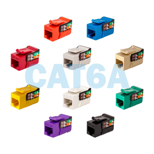 CAT6A V-Max Keystone Jacks – 353 Series displayed in all 10 available colors: black, blue, green, grey, ivory, orange, purple, red, white, and yellow.