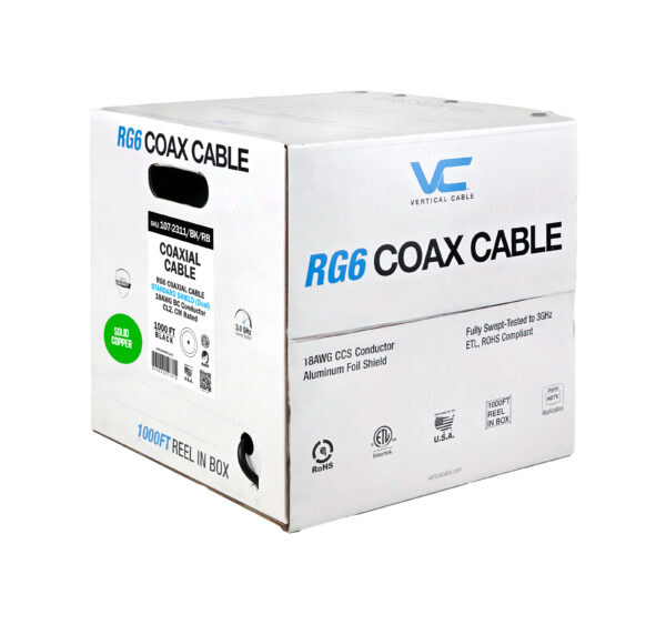 107-2311/BK/RB front view of RG6 coax cable reel-in-box